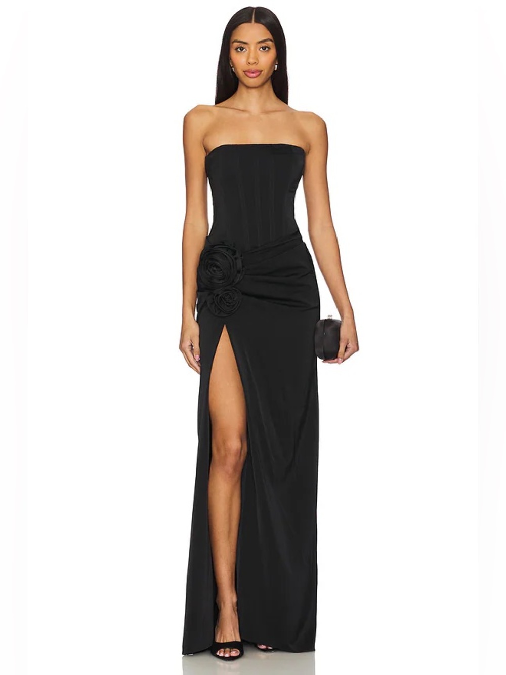 NBD Revolve Jake Black Corset Rosette Slit Gown